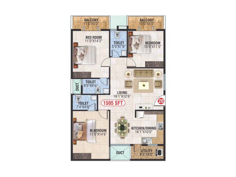 Floor plan of 3 BHK 1505 Sq. Ft. Apartment in Sri Sathvik Nandanam, Bangalore