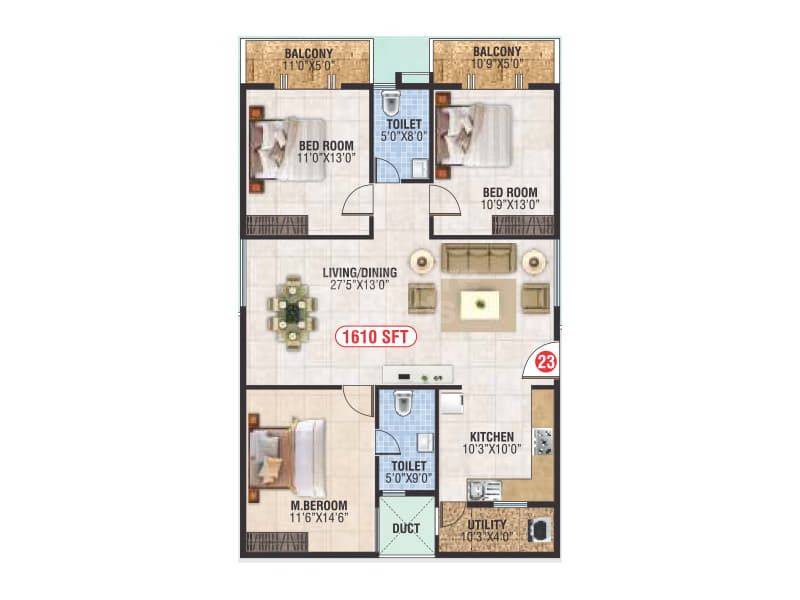 Floor plan of 3 BHK 1610 Sq. Ft. Apartment in Sri Sathvik Nandanam, Bangalore