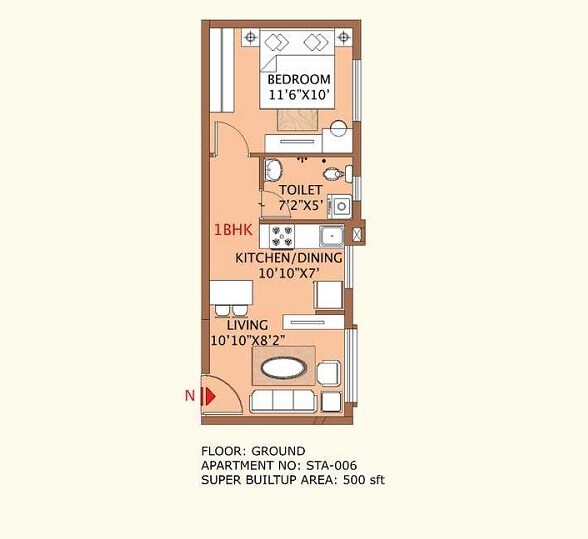 Floor plan of 1 BHK 500 Sq. Ft. Apartment in Sri Sumeru Surataru, Bangalore