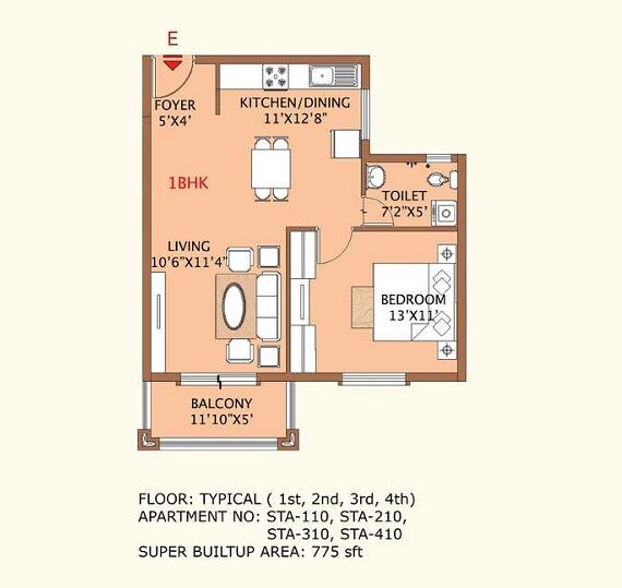 Floor plan of 1 BHK 775 Sq. Ft. Apartment in Sri Sumeru Surataru, Bangalore