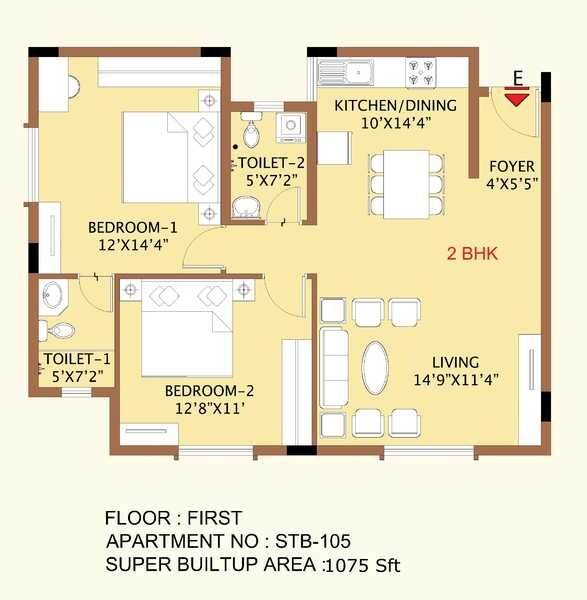 Floor plan of 2 BHK 1075 Sq. Ft. Apartment in Sri Sumeru Surataru, Bangalore