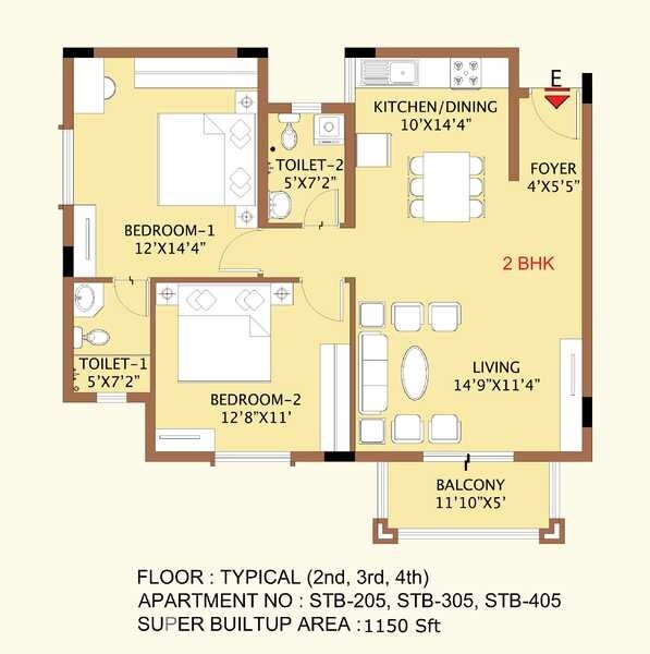 Floor plan of 2 BHK 1150 Sq. Ft. Apartment in Sri Sumeru Surataru, Bangalore
