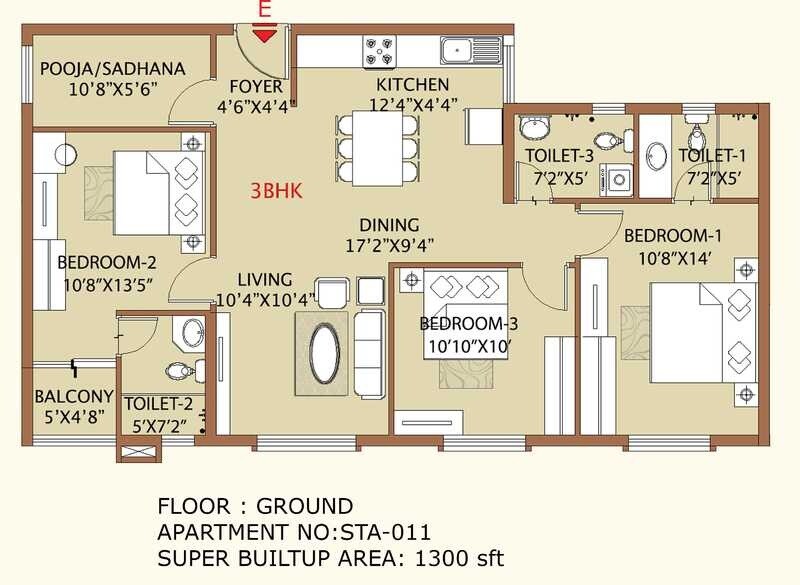 Floor plan of 3 BHK 1300 Sq. Ft. Apartment in Sri Sumeru Surataru, Bangalore