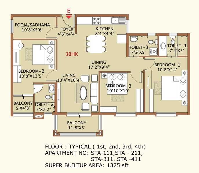 Floor plan of 3 BHK 1375 Sq. Ft. Apartment in Sri Sumeru Surataru, Bangalore