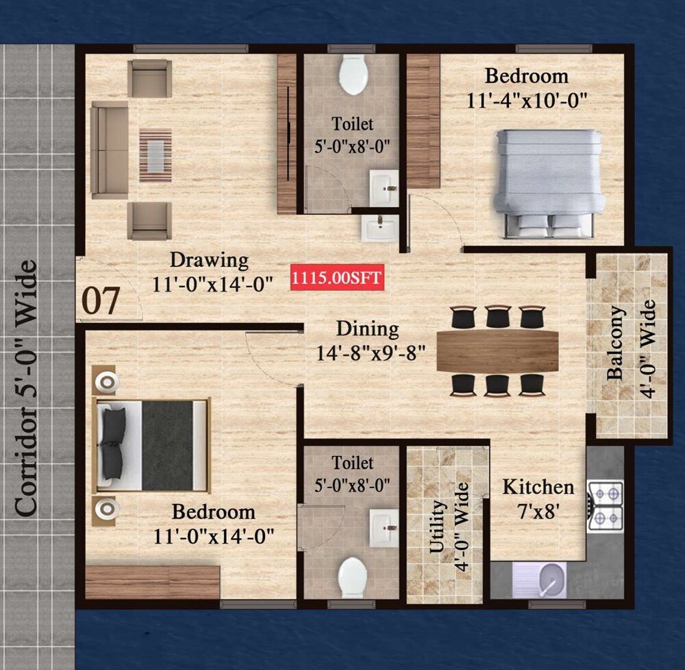 2 BHK 1115 Sq. Ft. Apartment