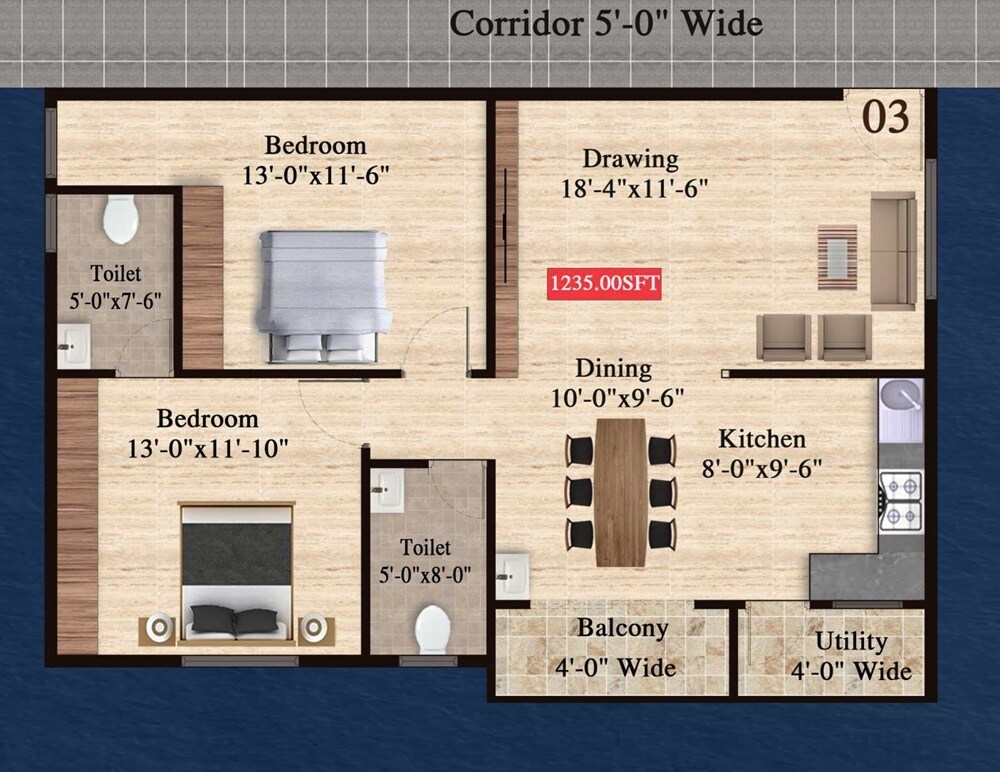 2 BHK 1235 Sq. Ft. Apartment