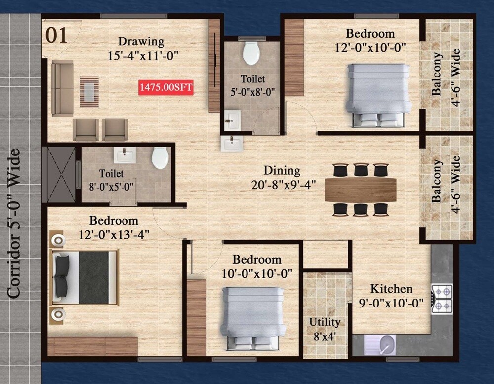 3 BHK 1475 Sq. Ft. Apartment