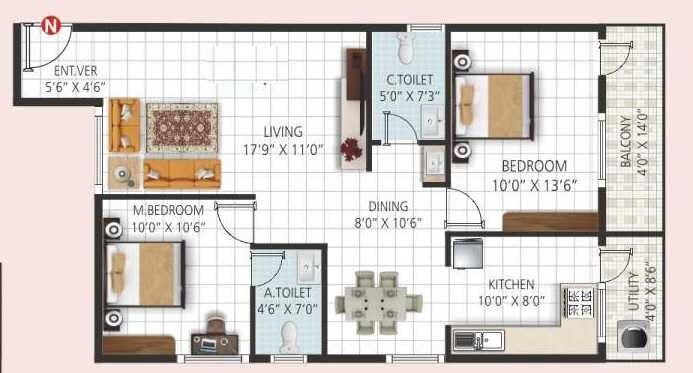 Floor plan of 2 BHK 1050 Sq. Ft. Apartment in Sri Vani Orchids, Bangalore