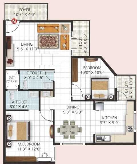 Floor plan of 2 BHK 1120 Sq. Ft. Apartment in Sri Vani Orchids, Bangalore