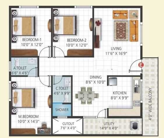 Floor plan of 3 BHK 1390 Sq. Ft. Apartment in Sri Vani Orchids, Bangalore