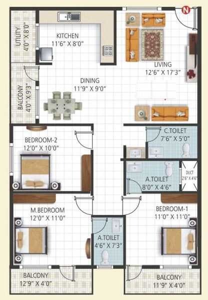 Floor plan of 3 BHK 1525 Sq. Ft. Apartment in Sri Vani Orchids, Bangalore