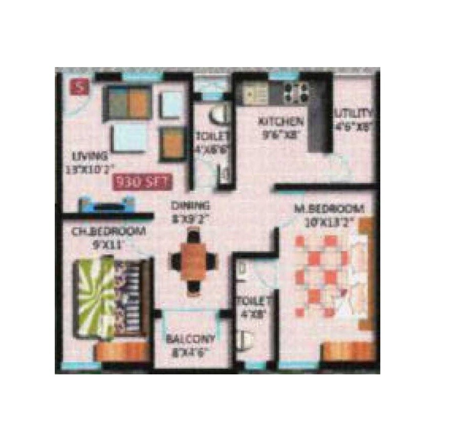 Floor plan of 2 BHK 1255 Sq. Ft. Apartment in Sri Vyshnavi Brundavanam, Bangalore