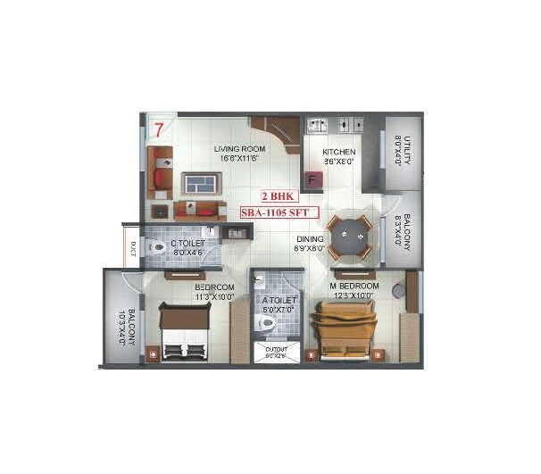 Floor plan of 2 BHK 1105 Sq. Ft. Apartment in Sri Windsor Homes, Bangalore