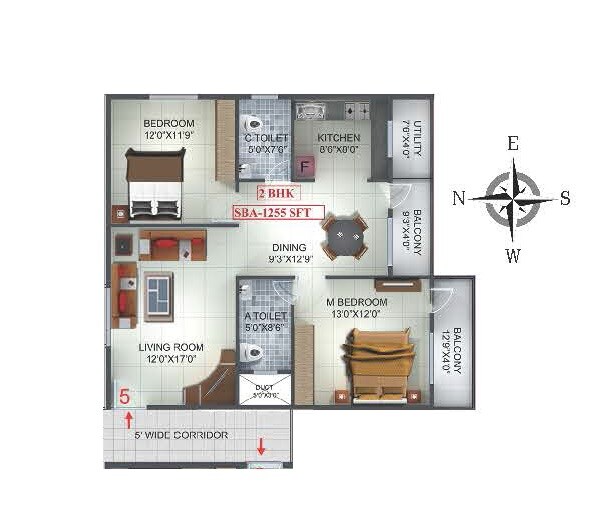 Floor plan of 2 BHK 1255 Sq. Ft. Apartment in Sri Windsor Homes, Bangalore