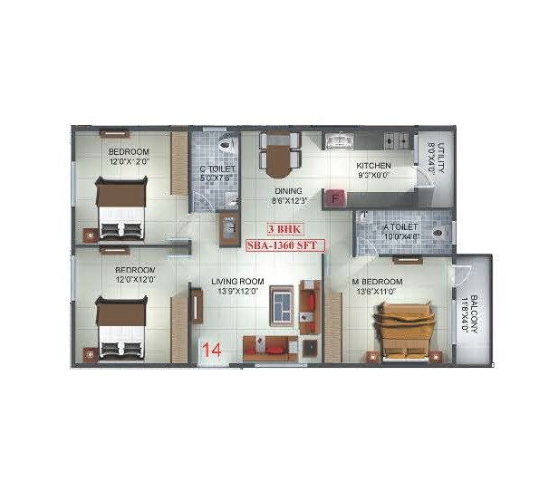 Floor plan of 3 BHK 1360 Sq. Ft. Apartment in Sri Windsor Homes, Bangalore