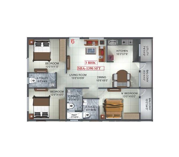 Floor plan of 3 BHK 1390 Sq. Ft. Apartment in Sri Windsor Homes, Bangalore