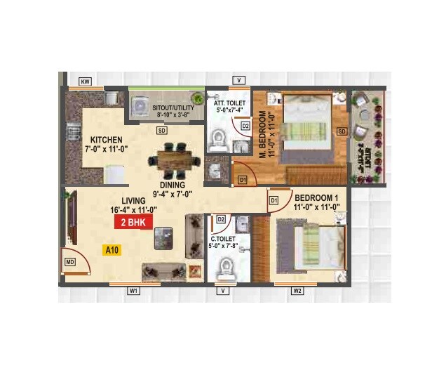Floor plan of 2 BHK 1089 Sq. Ft. Apartment in Srikara Urban Park, Bangalore