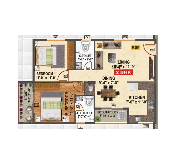 Floor plan of 2 BHK 1140 Sq. Ft. Apartment in Srikara Urban Park, Bangalore