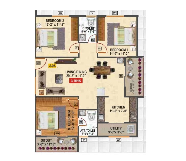 Floor plan of 3 BHK 1350 Sq. Ft. Apartment in Srikara Urban Park, Bangalore