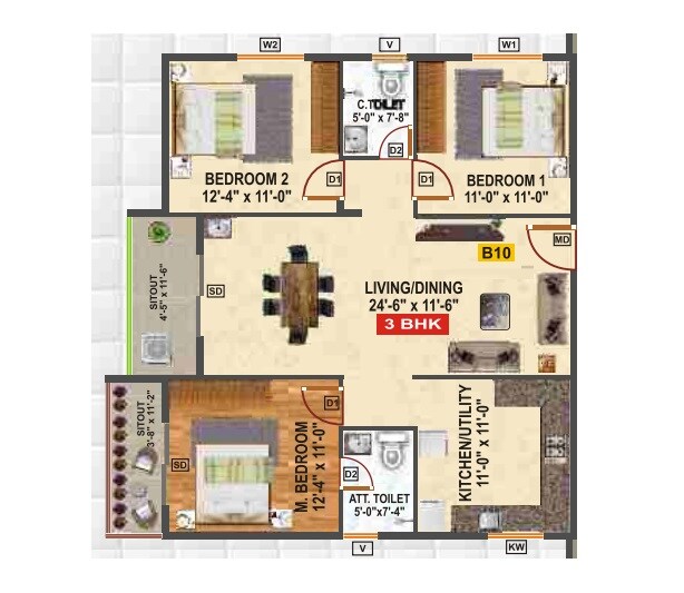 Floor plan of 3 BHK 1410 Sq. Ft. Apartment in Srikara Urban Park, Bangalore