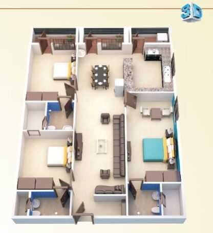 Floor plan of 3 BHK 1675 Sq. Ft. Apartment in Srimitra Lifestyle, Bangalore