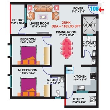 Floor plan of 2 BHK 1185 Sq. Ft. Apartment in Srimitra Symphony, Bangalore