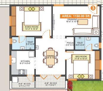 Floor plan of 2 BHK 1150 Sq. Ft. Apartment in Srinidhi Central Park, Bangalore