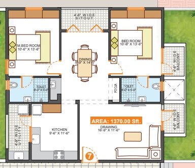 Floor plan of 2 BHK 1370 Sq. Ft. Apartment in Srinidhi Central Park, Bangalore