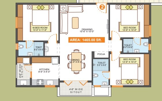 Floor plan of 3 BHK 1465 Sq. Ft. Apartment in Srinidhi Central Park, Bangalore