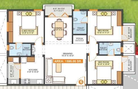 Floor plan of 3 BHK 1595 Sq. Ft. Apartment in Srinidhi Central Park, Bangalore