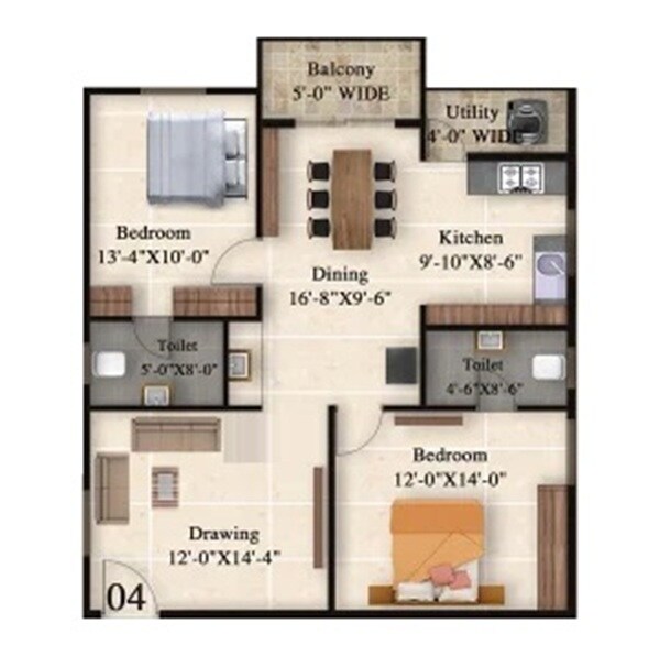 Floor plan of 2 BHK 1228 Sq. Ft. Apartment in Srinidhi The Urban Suites, Bangalore