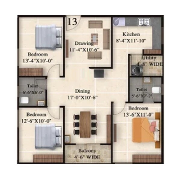 Floor plan of 3 BHK 1440 Sq. Ft. Apartment in Srinidhi The Urban Suites, Bangalore