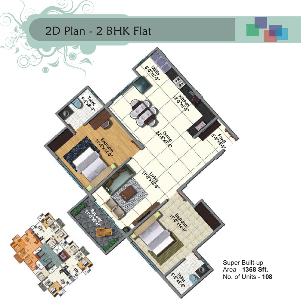 Floor plan of 2 BHK 1368 Sq. Ft. Apartment in Srinivasa Sai Poorna Premier, Bangalore