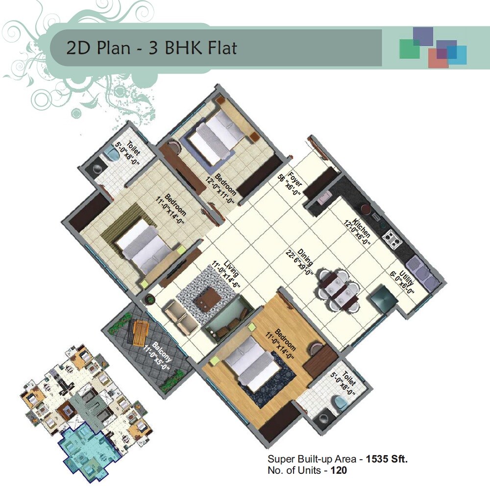 Floor plan of 3 BHK 1535 Sq. Ft. Apartment in Srinivasa Sai Poorna Premier, Bangalore