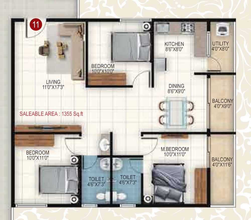 3 BHK 1355 Sq. Ft. Apartment