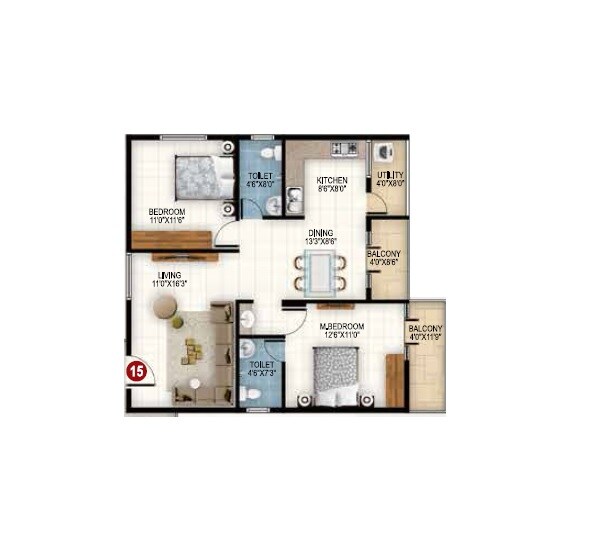 Floor plan of 2 BHK 1040 Sq. Ft. Apartment in Srinivasa Srinis Urbane, Bangalore