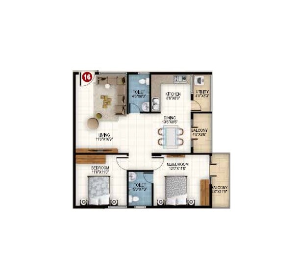 Floor plan of 2 BHK 1140 Sq. Ft. Apartment in Srinivasa Srinis Urbane, Bangalore