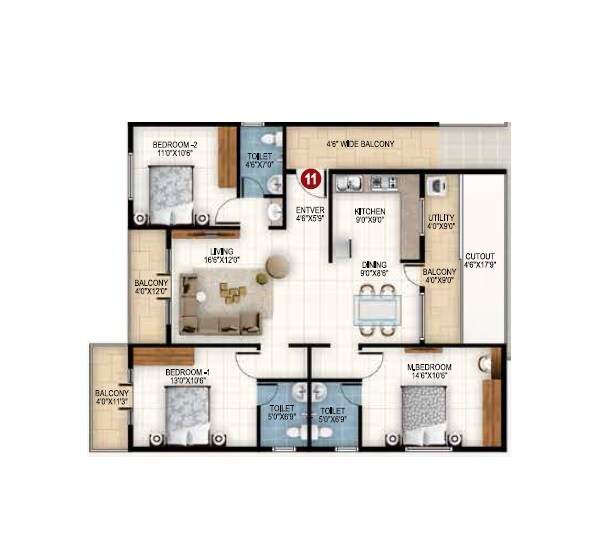 Floor plan of 3 BHK 1615 Sq. Ft. Apartment in Srinivasa Srinis Urbane, Bangalore