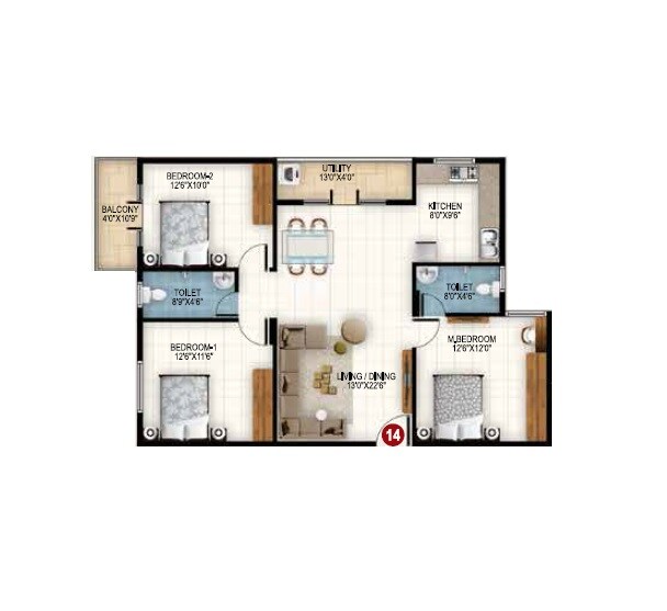 Floor plan of 3 BHK 1375 Sq. Ft. Apartment in Srinivasa Srinis Urbane, Bangalore