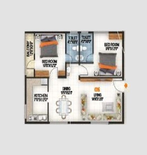 Floor plan of 2 BHK 1010 Sq. Ft. Apartment in Srishti Vaibhav, Bangalore
