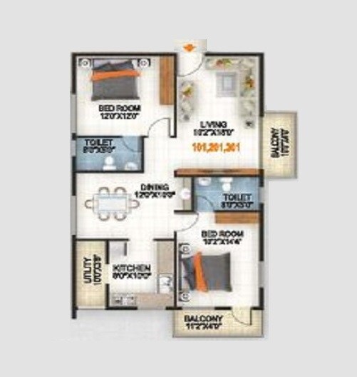 Floor plan of 2 BHK 1210 Sq. Ft. Apartment in Srishti Vaibhav, Bangalore
