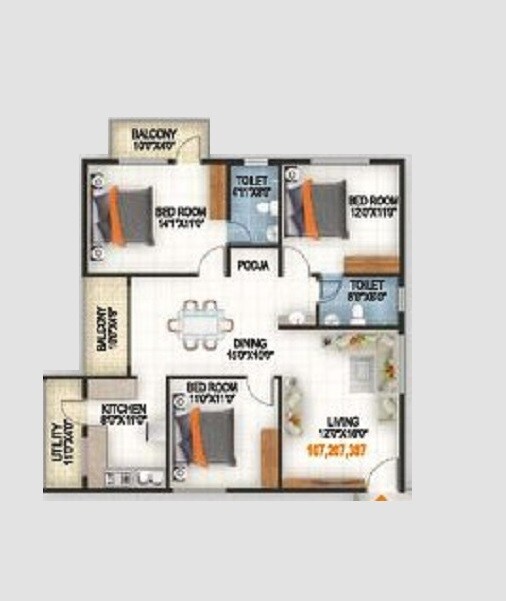 Floor plan of 3 BHK 1320 Sq. Ft. Apartment in Srishti Vaibhav, Bangalore
