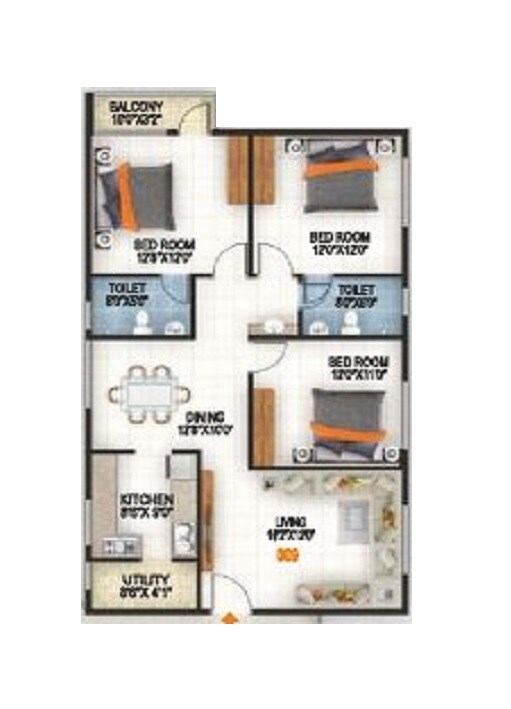 Floor plan of 3 BHK 1450 Sq. Ft. Apartment in Srishti Vaibhav, Bangalore