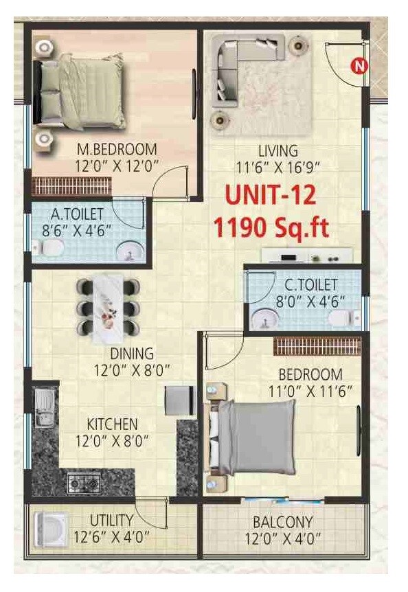Floor plan of 2 BHK 1190 Sq. Ft. Apartment in Srivara Vasudha, Bangalore