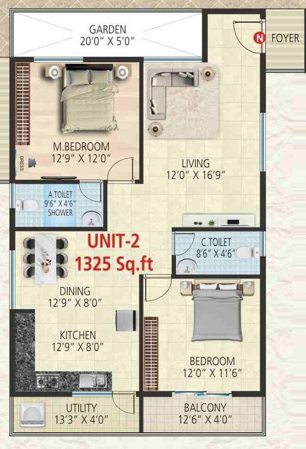 Floor plan of 2 BHK 1325 Sq. Ft. Apartment in Srivara Vasudha, Bangalore
