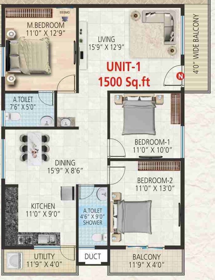 Floor plan of 3 BHK 1500 Sq. Ft. Apartment in Srivara Vasudha, Bangalore