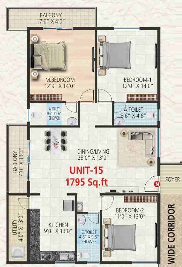 Floor plan of 3 BHK 1795 Sq. Ft. Apartment in Srivara Vasudha, Bangalore