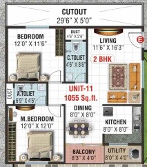 Floor plan of 2 BHK 1055 Sq. Ft. Apartment in Srivara Vistara, Bangalore