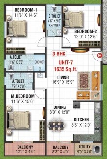 Floor plan of 3 BHK 1635 Sq. Ft. Apartment in Srivara Vistara, Bangalore