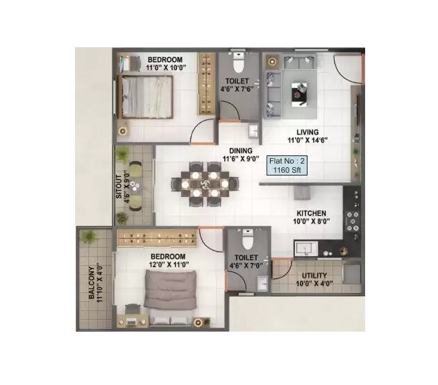 Floor plan of 2 BHK 1160 Sq. Ft. Apartment in Srivari Forest Breeze, Bangalore